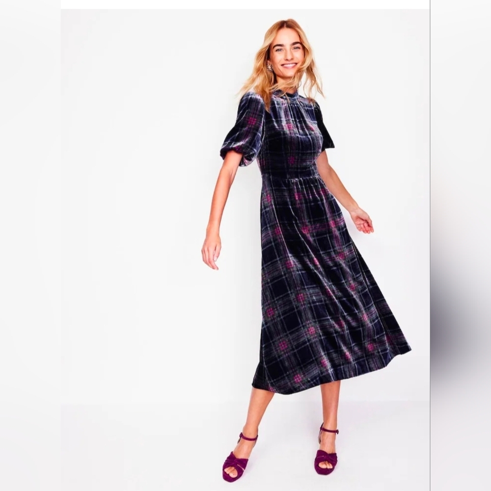 Boden Black and Purple Plaid Velvet Midi Dress